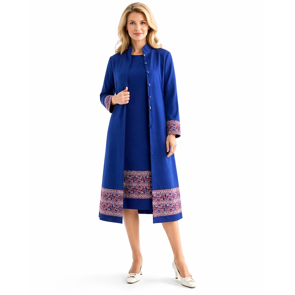 Vintage 70s Women's Large Leslie Pomer Navy Dress & Jacket Set Pattern Trim